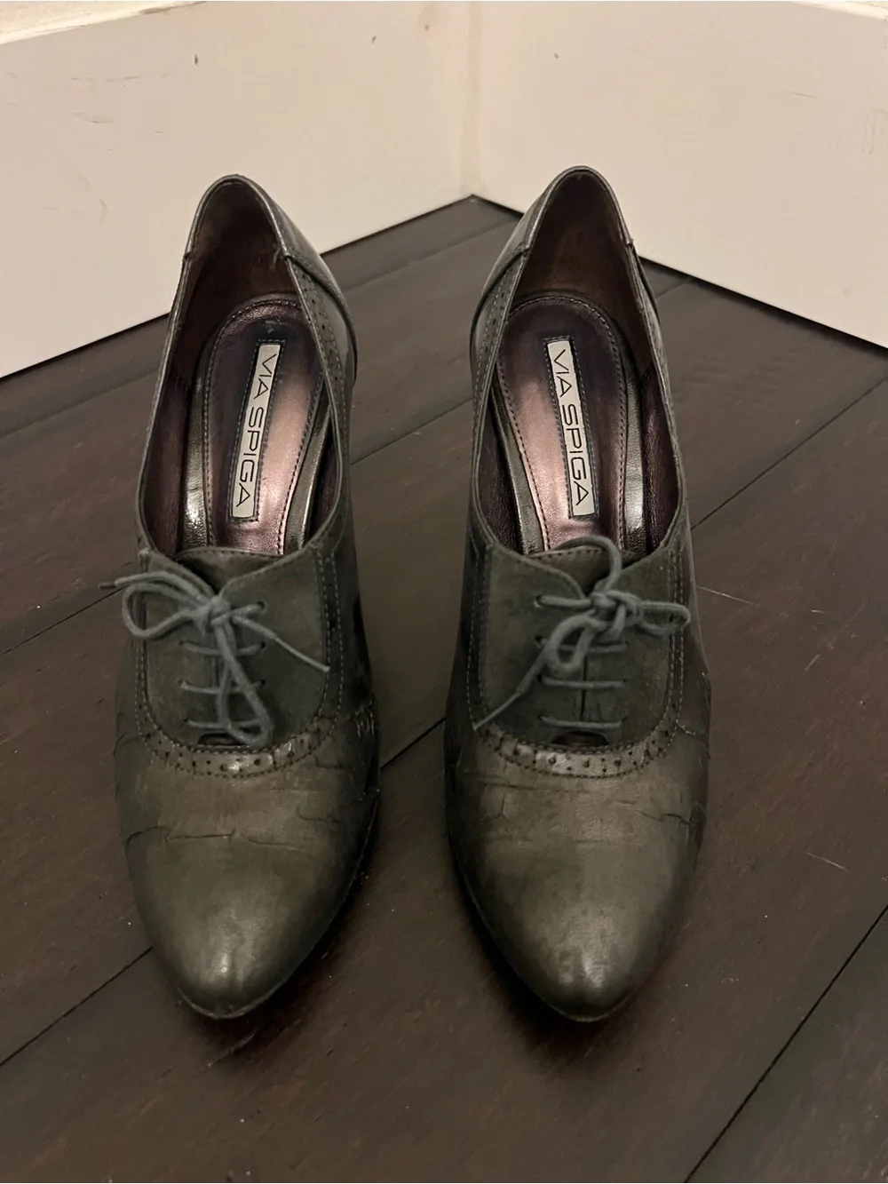 Via Spiga Dark Olive Leather Lace-Up Oxfords